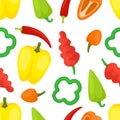 Bell peppers seamless pattern. Fresh red, yellow and green pepper. Paprika slices, raw vegetable preparation for cooking Royalty Free Stock Photo