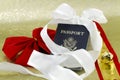 Bell and ribbons with holiday travel passport