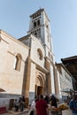 The bell tower above the entrance to the Alexander Nevsky church in Jerusalem, Israel