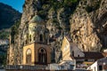 Bell tower of the Amalfi cathedral dedicated to the Apostle Saint Andrew in the Piazza del Duomo in Amalfi Italy Royalty Free Stock Photo