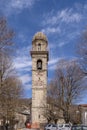 The bell tower of the ancient church of San Giovanni Battista in the historic center of Bardi, Parma, Italy Royalty Free Stock Photo