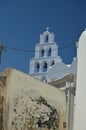 Bell Tower Of The Beautiful Church Of Pyrgos Kallistis On The Island Of Santorini. Travel, Cruises, Architecture, Landscapes. Royalty Free Stock Photo