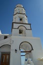 Bell Tower Of The Beautiful Church Of Pyrgos Kallistis On The Island Of Santorini. Travel, Cruises, Architecture, Landscapes.