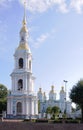 The Bell tower with Cathedral in background - St Nicholas Naval Cathedral in St Petersburg, Russia Royalty Free Stock Photo
