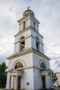 The bell tower of The Cathedral of Christ`s Nativity under a cloudy sky in Chisinau, Moldova