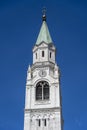 Bell Tower of the Catholic Parish Church in Cortina d` Ampezzo, Dolomites, in the Belluno region of Italy Royalty Free Stock Photo