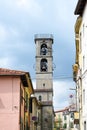 Bell tower of the church in Fivizzano, the small Lunigiana town in the province of Massa and Carrara, Tuscany, Italy, copy space Royalty Free Stock Photo