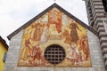 The Bell Tower and the Church of Madonna dell`Aiuto, in Fiera di Primiero. Royalty Free Stock Photo