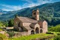 The bell tower of the church of San Miguel is located in the Alto Aragonese town of Linas de Broto, belonging to the municipality Royalty Free Stock Photo