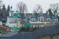 Bell tower and domes of the Syato-Uspensky Pskovo-Pechorsky monastery. Pechory, Pskov region. Russia