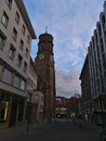 Bell tower of famous Stiftskirche, main church of Evangelical-Lutheran Church of Wuerttemberg, in downtown.