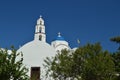 Bell Tower And Main Facade Of The Beautiful Church Of Pyrgos Kallistis On The Island Of Santorini. Travel, Cruises, Architecture,