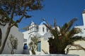 Bell Tower And Main Facade Of The Beautiful Church Of Pyrgos Kallistis On The Island Of Santorini. Travel, Cruises, Architecture,