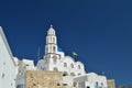 Bell Tower And Main Facade Of The Beautiful Church Of Pyrgos Kallistis On The Island Of Santorini. Travel, Cruises, Architecture, Royalty Free Stock Photo