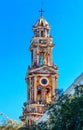 Bell tower of the monastery Panormitis on the island of Symi, Greece