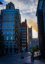 Bell tower of Notre-Dame Basilica in Montreal at sunrise