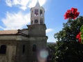 Bell tower and red flower