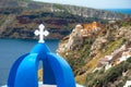 Bell tower of an orthodox church at Santorini, Greece. Honeymoon summer aegean cycladic background. Royalty Free Stock Photo