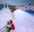 Bell tower of an orthodox church at Santorini, Greece. Honeymoon summer aegean cycladic background. Royalty Free Stock Photo