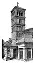 Bell Tower refer to a free standing bell tower, heard at a distance, vintage engraving