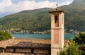 The bell tower of the Saintn Roccco church in the picturesque village Morcote on the Lake Lugano, Switzerland