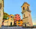 Bell tower of San Lorenzo Church in Manarola at the Cinque Terre in Italy Royalty Free Stock Photo