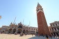 Bell tower St Mark`s Campanile and cathedral church St Mark`s Basilica at Saint Mark`s Square Piazza San Marco in Venice, Ita Royalty Free Stock Photo