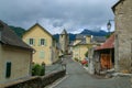 Road and houses of Cette-Eygun, a small french village in the Pyrenees. Royalty Free Stock Photo