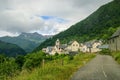 Road and houses of Cette-Eygun, a small french village in the Pyrenees. Royalty Free Stock Photo