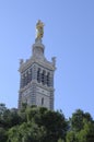 Bell tower and statue of the virgin, Basilique Notre Dame de la Garde, Marseille, Bouches-du-Rhone, Provence-Alpes-Cote d`Azur Royalty Free Stock Photo