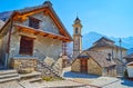 The bell tower and stone domes of Santa Maria Lauretana Church in Sonogno, Valle Verzasca, Switzerland Royalty Free Stock Photo