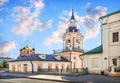 Bell tower and temple of the Znamensky monastery on Varvarka street in Moscow. Inscription: street Varvarka Royalty Free Stock Photo