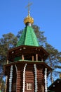 Bell tower of wooden Russian Orthodox Christian Church of Holy Royal Martyrs in Ganina Yama Monastery.