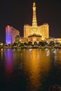 Bellagio Casino Water Show at night with Paris Casino and Eiffel Tower, Las Vegas, NV Royalty Free Stock Photo