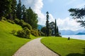 Bellagio city on Lake Como, Italy. Lombardy region. Italian famous landmark, Villa Melzi Park. Botanic Garden plants and trees.