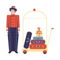 Bellboy character in retro uniform with luggage trolley in flat cartoon style