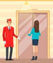 Bellboy and woman near modern elevator. Hotel employee opening door of lift to female visitor