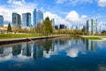 Bellevue skyline reflecting in the Downtown Park pool in Spring Royalty Free Stock Photo