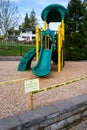 BELLEVUE, WA/USA Ã¢â¬â APRIL 26, 2020: Kelsey Creek Park Playground, equipment closed with caution tape due to COVID 19