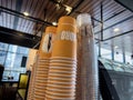 Bellevue, WA USA - circa February 2023: Close up view of disposable cups inside a Ladro cafe