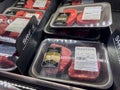 Bellevue, WA USA - circa July 2022: Close up, selective focus on Kobe beef for sale inside an Uwajimaya grocery store