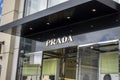 Bellevue, WA USA - circa June 2021: Low angle view of the entrance to a Prada luxury brand shop