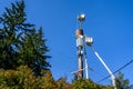 Two linemen up in the air installing 5G, new technology, wireless communications on a wood