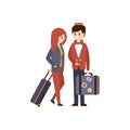 Bellhop Helping A Female Guest With Luggage Hotel Themed Primitive Cartoon Illustration