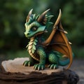 Belligerent little green dragon made of wood on forest background, selective focus