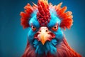 Belligerent rooster portrait head on blue background