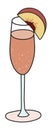 Bellini classic IBA listed cocktail in flute glass. A sparkling wine and juice based drink garnished a slice of peach