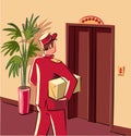 Bellman in red livery, which is preparing to enter an elevator,