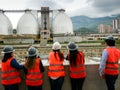 Bello, Colombia, December 17 2019: Group of engineers on a visit in a waste water treatment plant in Bello, Colombia