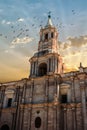 Belltower of the Arequipa cathedral, Peru at sunset with birds Royalty Free Stock Photo